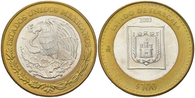 Мексика 100 песо 2003 180 лет Федерации - Тласкала KM 691 биметалл, серебро BU 00-1067-10-61