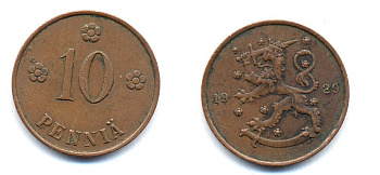 Финляндия 10 пенни 1929 республика (1918-1962) KM 24 медь 51-5315