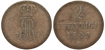 Ганновер 2 пфеннига 1842 A, Эрнст Август (1837-1851) KM 174.1, AKS 122, J. 55 медь 75-1723