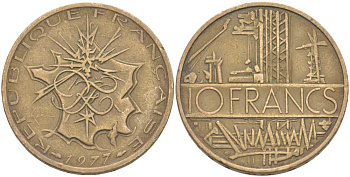 Франция 10 франков 1977 тип Матье KM 940, Le Franc 365.9-10 никель латунь 111-946