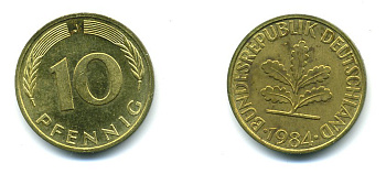 ФРГ 10 ПФЕННИГОВ 1984 J KM 108, J.383 сталь плакированная латунью 46-1443
