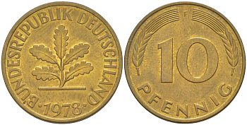 ФРГ 10 ПФЕННИГОВ 1978 F KM 108, J. 383 сталь плакированная латунью 219-522