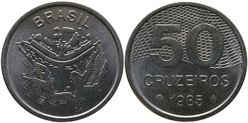 Бразилия 50 крузейро 1985 KM 594.1, Schon 103 нержавеющая сталь aUNC 4519-451