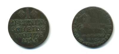 Брауншвейг-Вольфенбюттель 1 ПФЕННИГ 1805 MC, КАРЛ ВИЛЬГЕЛЬМ ФЕРДИНАНД (1780-1806) KM 995 медь 54-956