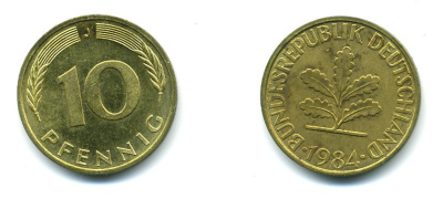 ФРГ 10 ПФЕННИГОВ 1984 J KM 108, J.383 сталь плакированная латунью 46-1443