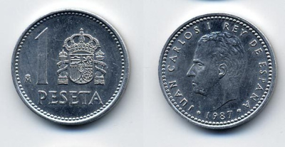 ИСПАНИЯ 1 ПЕСЕТА 1987 ХУАН КАРЛОС I (1975-) KM 821 алюминий 54-1754