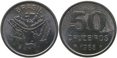 Бразилия 50 крузейро 1985 KM 594.1, Schon 103 нержавеющая сталь aUNC 4519-451