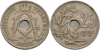 Бельгия 25 сантимов 1922 KONINGRIJK BELGI? KM 69 медно-никель 4187-943