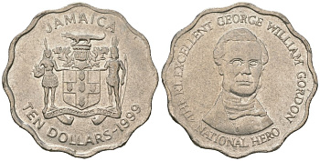 Ямайка 10 долларов 1999 KM 181 сталь плакированная никелем 4620-425