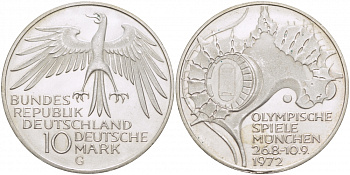 ФРГ 10 МАРОК 1972 G, ОЛИМПИАДА, СТАДИОН KM 133, J.404 серебро UNC 3457-344