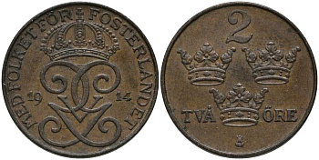 Швеция 2 эре 1914 Густав V (1907-1950) KM 778 бронза 202-623