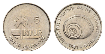 Куба 5 сентаво 1981 туристические деньги, INTUR, толстая KM 412.1 медно-никель UNC 4392-531