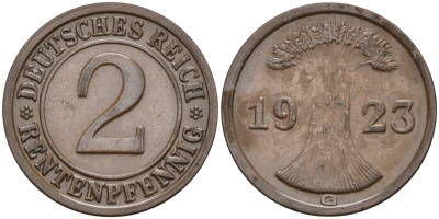 Германия 2 рентенпфеннига 1923 G, выпуск 1924 года KM 31, J.307, Weege 3 медь 4584-613
