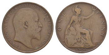 Великобритания 1 пенни 1906 Эдуард VII (1901-1910) KM 794.2, Spink 3990 бронза 4634-442