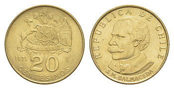 Чили 20 сентесимо 1971 KM 195 алюминиевая бронза UNC 4644-1238