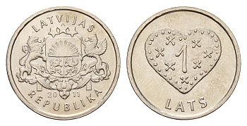 Латвия 1 лат 2011 Пряничное сердце KM 127 медно-никель UNC 4679-359