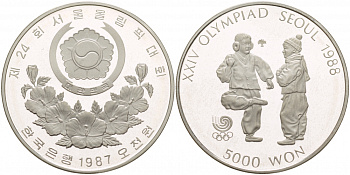 Южная Корея 5000 вон 1987 XXIV Летние Олимпийские игры в Сеуле 1988 года, национальный спорт Chegi Kicking KM 61 серебро PROOF 02-117-26