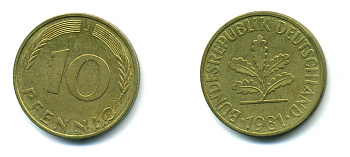 ФРГ 10 ПФЕННИГОВ 1981 J KM 108, J.383 сталь плакированная латунью 46-1321