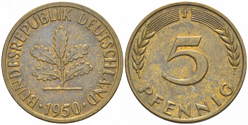 ФРГ 5 ПФЕННИГОВ 1950 J KM 107, J.382 сталь плакированная латунью 4532-615