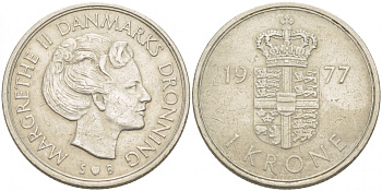 Дания 1 крона 1977 S; B, Маргарете II (1972- ) KM 862.1 медно-никель 213-1222