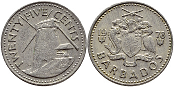 Барбадос 25 центов 1978 ветряная мельница Моргана Льюиса KM 13 медно-никель 4398-353