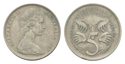 Австралия 5 центов 1967 Елизавета II (1952-2022) молодой портрет, ехидна KM 64 медно-никель 4655-1256