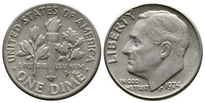 США 10 центов (дайм) 1974 Франклин Рузвельт KM 195а медь плакированная медно-никелем 73-1519