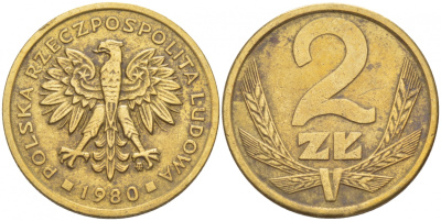 Польша 2 злотых 1980 MW KM 80.1, Parchimowicz 217g латунь 4551-1047
