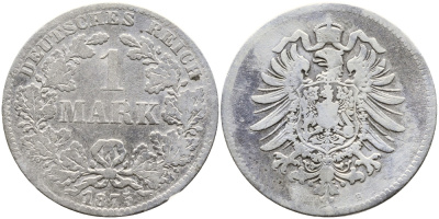 Германия 1 марка 1875 B Weege 17, J. 9, KM 7 серебро 93-325