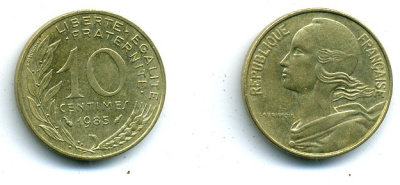 Франция 10 сантимов 1985 тип Марианна KM 929, LE FRANC 144.25 медь алюминий никель 46-328
