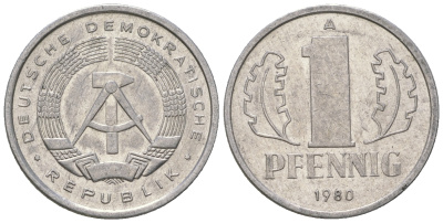 ГДР 1 пфенниг 1980 А KM 8.2 алюминий 4623-354