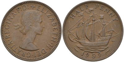 Великобритания 1/2 пенни 1959 Елизавета II (1952-2022) KM 896, Spink 4158 бронза 4146-256