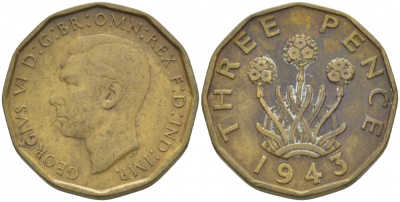 Великобритания 3 пенса 1943 Георг VI (1936-1952) KM 849, Spink 4112 никель латунь 77-157