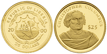 Либерия 25 долларов 2000 Христофор Колумб  золото  PROOF  00-815-19