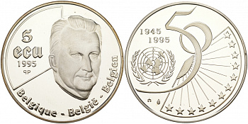 Бельгия 5 экю 1995 50 лет ООН, Король Альберт II KM 200 серебро PROOF 11-037-45