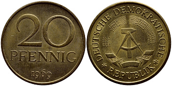 ГДР 20 пфеннигов 1969 А, первый год KM 11 латунь UNC 4398-1053