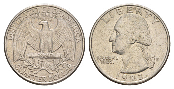 США 25 центов = квотер = 1/4 доллара 1993 P, Джордж Вашингтон KM 164a медь плакированная медно-никелем 4652-452