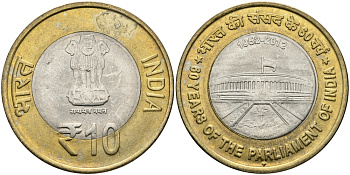 Индия 10 рупий 2012 60 лет Парламенту KM 407 биметалл UNC 95-146