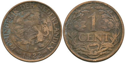 Нидерланды 1 цент 1922 Вильгельмина (1890-1948) KM 152 бронза 4576-1053