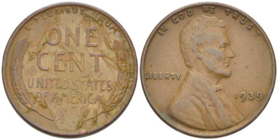 США 1 ЦЕНТ 1939 ЛИНКОЛЬН KM 132 бронза 218-361
