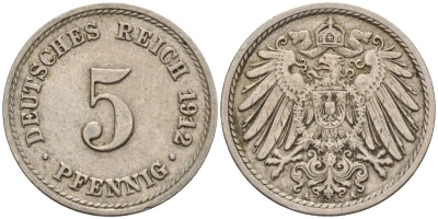 Германия 5 пфеннигов 1912 A KM 11, J. 12 медно-никель 4151-532