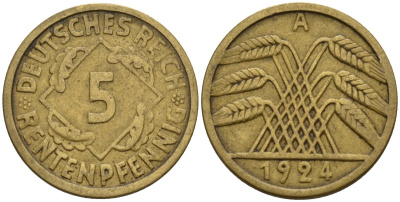 Германия 5 рентенпфеннигов 1924 A KM 32, J. 308 алюминиевая бронза 4151-653