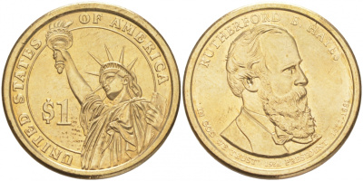 США 1 ДОЛЛАР 2011 D, СЕРИЯ ПРЕЗИДЕНТЫ США - РЕТЕРФОРД ХЕЙЗ (1877-1881) KM 501 медь с марганцево-латунным покрытием UNC M31-14