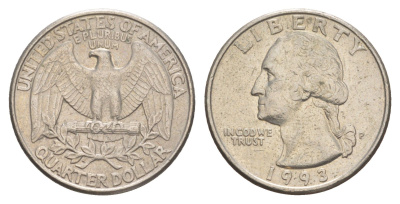 США 25 центов = квотер = 1/4 доллара 1993 P, Джордж Вашингтон KM 164a медь плакированная медно-никелем 4652-452