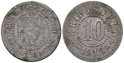 Франкфурт-на-Одере (Пруссия, Бранденбург) 10 пфеннигов 1919 Funck 137.2, Men05 7479.2, Men18 9402.2 железо 4603-937