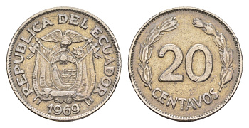 Эквадор 20 сентаво 1969 KM 77.1c сталь плакированная никелем 4640-1231