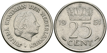 Нидерланды 25 центов 1951 Юлиана (1949-1980) KM 183 никель 96-123
