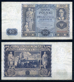 Польша 20 злотых 1936 Pick 77 бумага 7552-10-2-2
