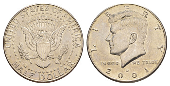 США 1/2 доллара (50 центов) 2001 D, Джон Кеннеди KM A202b медь плакированная медно-никелем aUNC 4517-326