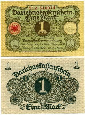 ГЕРМАНИЯ 1 МАРКА 1920 1 МАРТА 1920, ВЕЙМАРСКАЯ РЕСПУБЛИКА Pick 58 бумага аUNC 7548-64-2-1